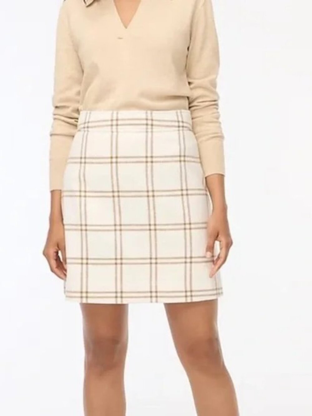 J. Crew Plaid Wool Blend Mini A-Line Skirt Ivory Tan Women’s Size 4 Tailored Fit